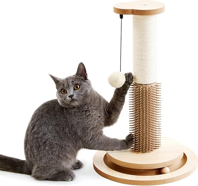 Made4Pets Cat Scratching Post 18" Tall for Small Kittens, 4-in-1 Cat Scratcher with Natural Sisal Ropes, Wooden Turntable Track Toy with Self Grooming Brush, Premium Scratch Pole with Plush Balls - PAWPICO