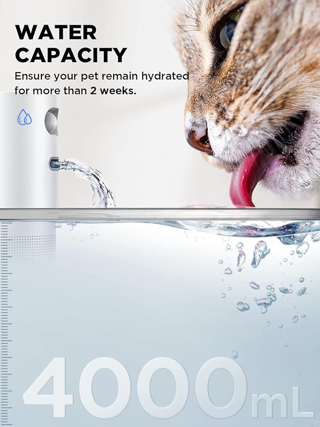 Wireless Cat Water Fountain Battery Operated, FEELNEEDY 4L/135 fl oz Pet Water Fountain for Cats and Dog with Motion Sensor, Ultra Quiet Cat Drinking Fountain with 6 Filters (YPD-C004P), White - PAWPICO