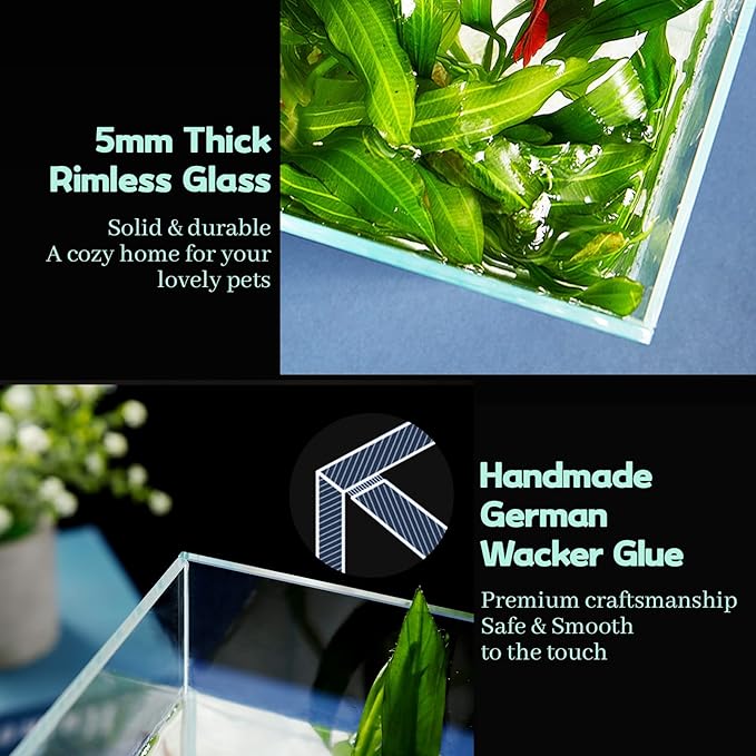 10 Gallon Ultra Clear Glass Fish Tank, Rimless Low Iron Aquarium for Betta/Nano/Goldfish/Snail/Shrimp, Big Fish Tank & Cover Set & Feeding Ring & Cleaning Tools LAQUAL