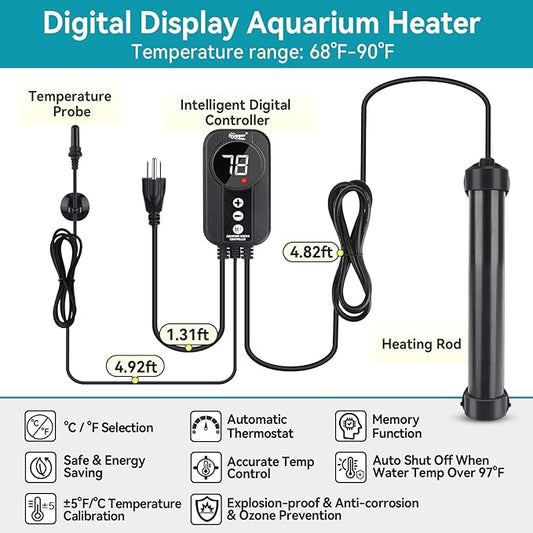 hygger Marine Aquarium Heater 100W,Titanium Heater with Digital LED Controller & Temperature Probe,Submersible Fish Tank Heater with Temperature Calibration,for Saltwater Freshwater Tank 15-20Gallon hygger