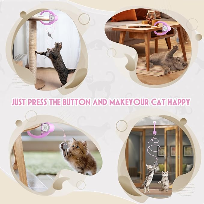 Cat Toy Interactive for Indoor Cats, Smart USB Rechargeable Door Hanging Automatic Retractable Kitten Toys, Teaser Electronic Self Play Feather Cat String Toys Attached with 3 Catnip Mice Pink - PAWPICO