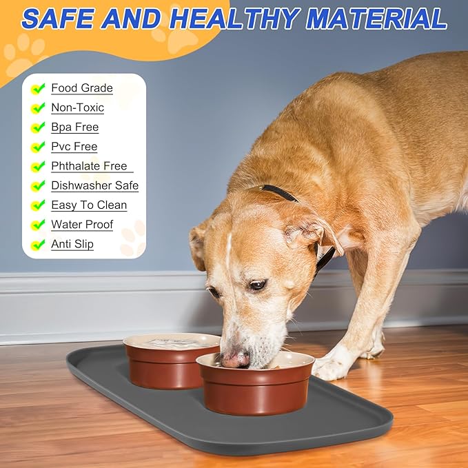 Silicone Pet Feeding Mat with Raised Edge, Dog Cat Bowl Mats for Food and Water, Pet Placemat for Floors Waterproof, 19” x 12” x 0.7” Grey - PAWPICO