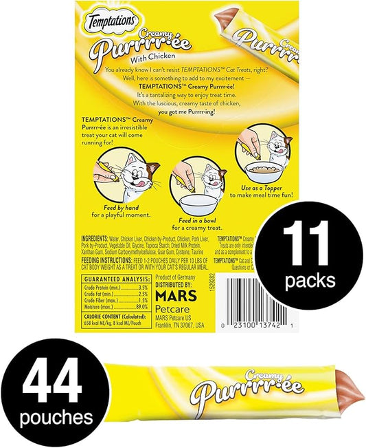 Temptations Creamy Puree with Chicken Lickable, Squeezable Cat Treats, 0.42 Oz Pouches, 4 Count (Pack of 11) - Total 44 Count Temptations