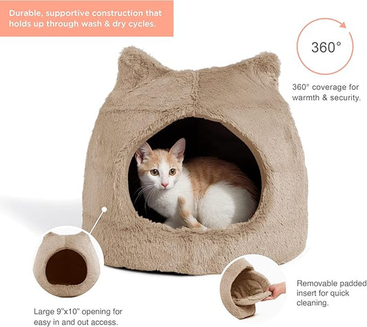 Best Friends by Sheri Meow Hut in Fur Cover Dome Cat and Dog Bed, Wheat, Small - PAWPICO