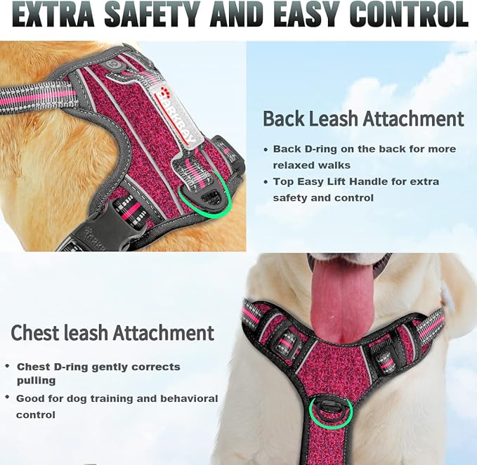 BARKBAY No Pull Dog Harness Large Reflective Dog Harness with Front Clip and Easy Control Handle for Walking Training Running with ID tag Pocket(Pink/Black,M) BARKBAY