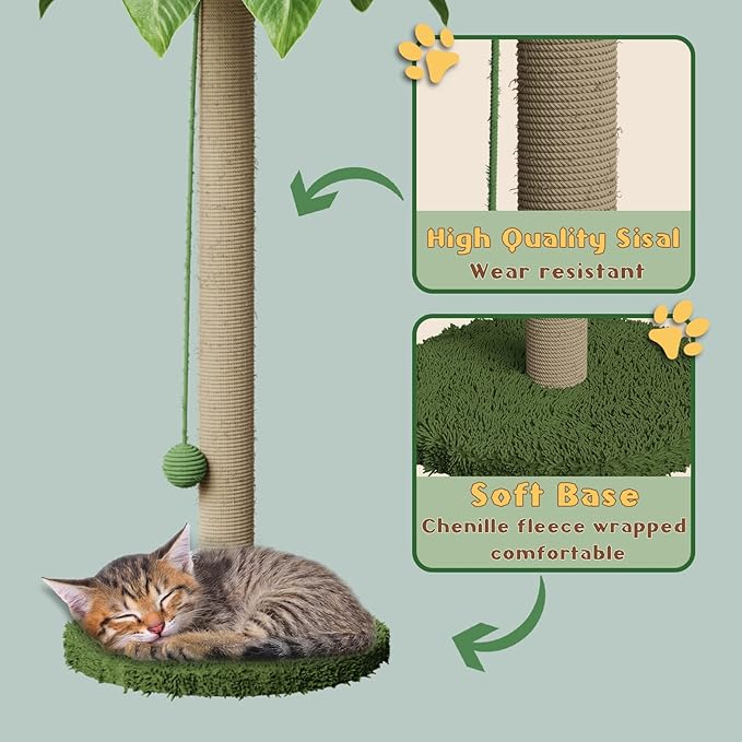 Cat Scratching Post for Indoor Cats and Kitten, 33.5" H Sisal Rope Scratching Posts with Simulated Leaves, Kitten Scratcher with Soft Platform and Hanging Ball - 1 Cat Teasing Stick - PAWPICO