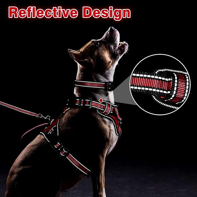 WINSEE Pet Harness Collar and Leash Set, All-in-one Reflective Dog Harness No Pull with Adjustable Buckles for Puppies, Small, Medium, Large, and Extra-Large Dogs (X-Large, Red) WINSEE