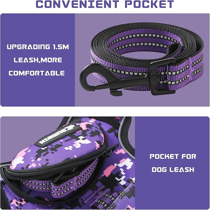 No Pull Dog Harness for Medium Dogs, Adjustable No Choke Pet Vest with Dog Leash Fit Smart Reflective Pet Walking Harness for Training Easy Control Soft Handle Purple Camo M BUMBIN