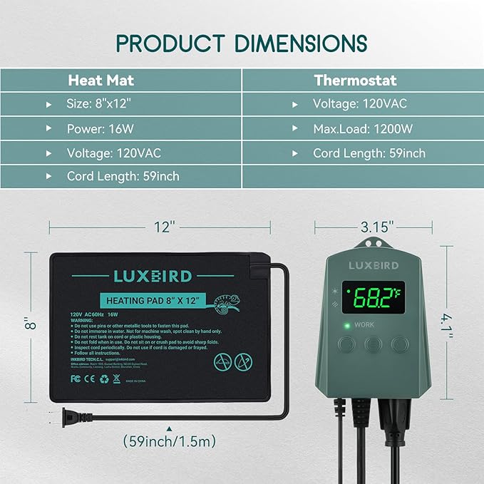 Luxbird Reptile Heating Pad 8" X 12" with Digital Thermostat Combo Under Tank Terrarium Heating Mat for Turtles, Lizards, Frogs, and Other Reptiles Luxbird