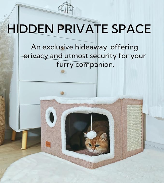 Large Cat Cave Bed for Indoor Cats, Cats Cube House with Scratch Pad Cat Condo Hideaway Tente Hut with Washable Sherpa Warm Soft Cat Mat, Cute Cat Beds Furniture, Modern Dog Bed,Pink - PAWPICO