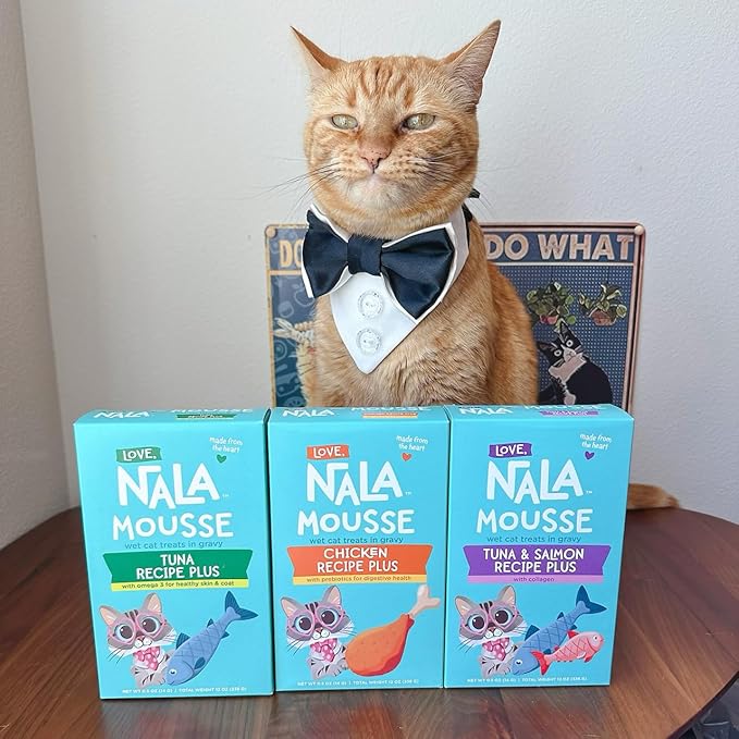 LOVE, NALA - Skin & Coat Health - Tuna & Salmon Plus Collagen Mousse - Lickable Cat Squeeze Up Wet Food Puree Treat, Topper - Grain Free, Fiber, Minerals, Vitamins - 24 Pack 15.2 oz. - PAWPICO
