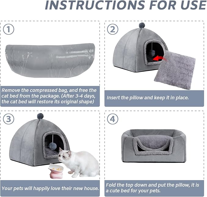 Cat Bed Cave for Indoor, Suitable for Cat Dome Bed, Hideaway Bed for Indoor Cats with Removable Mattress for Kittens. Cat Tent House for Dual Use (L:15"x15") - PAWPICO