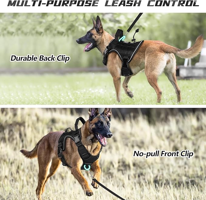 WINGOIN Black Tactical Dog Harness for Medium Small Dogs No Pull Adjustable Reflective Military Pet Harness with Easy Control Handle with Hook & Loop Panels for Walking Hiking Training - PAWPICO