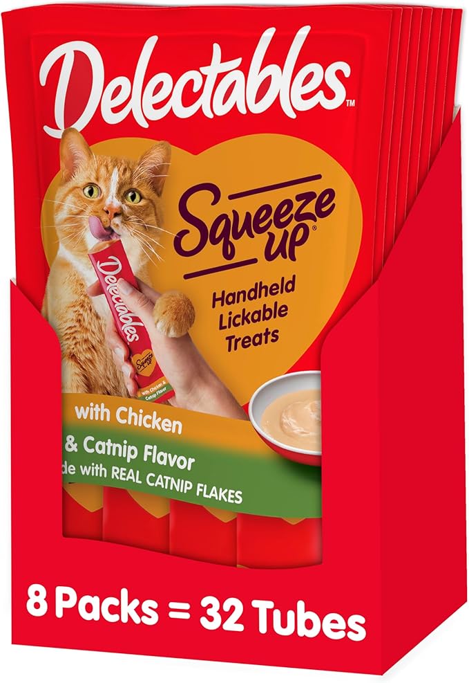 Delectables Squeeze Up Creamy Squeezable Puree, Lickable Wet Cat Treats, Grain Free, No Added Fillers, No By-Products, No Added Preservatives, 0.5 Ounces Tube Chicken with Catnip, 32 Tubes Total Hartz