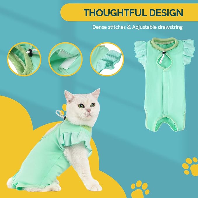 Avont Cat Recovery Suit - Post-Surgery Onesie for Cats, Alternative to Cone of Shame, Protective Spay Suit for Female Kitten, Ideal for Healing and Skin Conditions -Mintgreen(S) Avont