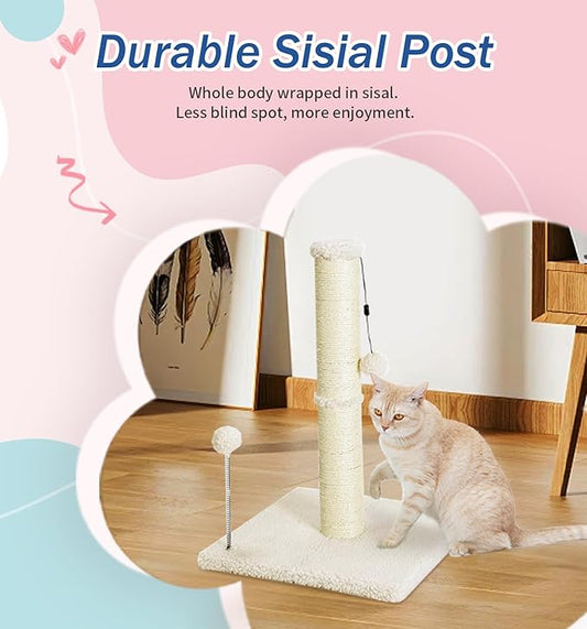 Cat Scratching Post Kitten Scratcher Sisal Scratch Posts Basic with Hanging Ball for Indoor Cats, Integrated Cat Toys, Beige - PAWPICO