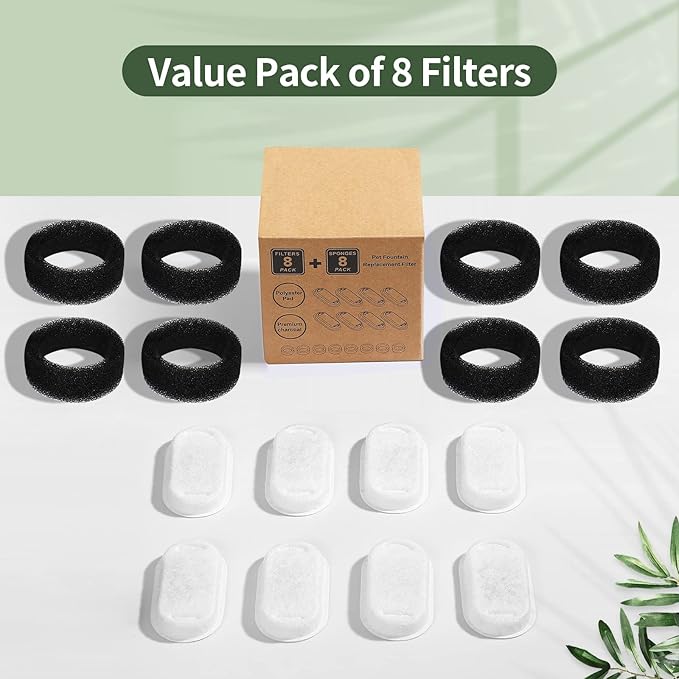 16 Pcs-8 Pack Cat Fountain Filters with 8 Sponges, Pet Replacement Filters for Stainless Steel 108oz/3L, 67oz/2L Pet Fountain - PAWPICO