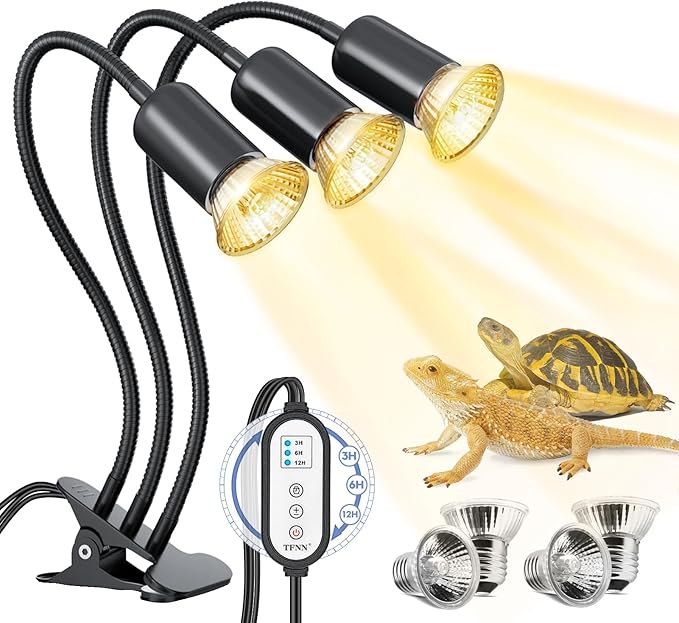 Reptile Heat Lamp, Three Head Reptile Light with Cycle Timer,UVA UVB Light, dimmable Basking lamp for Tortoise, Bearded Dragon, Lizard, Snake, E26/27 Base with 4 Bulbs (50W)-Black TFNN