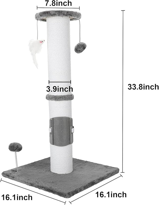 34 Inches Cat Scratching Post Heavy Duty and Thicker Cat Self Grooming with Hanging Toys and Sturdy Handmade Rope, Grey - PAWPICO