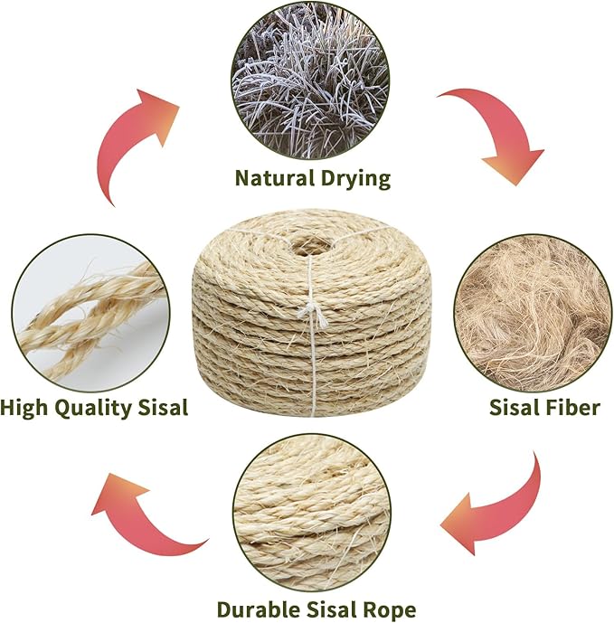 Natural Sisal Rope 1/4 Inch 32-Feet for Cat Tree Tower Repair and Replace Scratching Post, DIY Hemp Twine Rope for Cat Scratching Furniture Window Perch and Crafts Gardening Home Decorating - PAWPICO