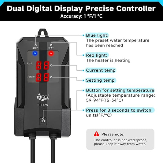 AQQA Aquarium Heater, 300W/500W/800W/1000W Submersible Fish Tank Heater with Rapid Heating Quartz Tubes and Precise Dual Digital Display Controller for Up to 200 Gallon Seawater Freshwater Fish Tank AQQA
