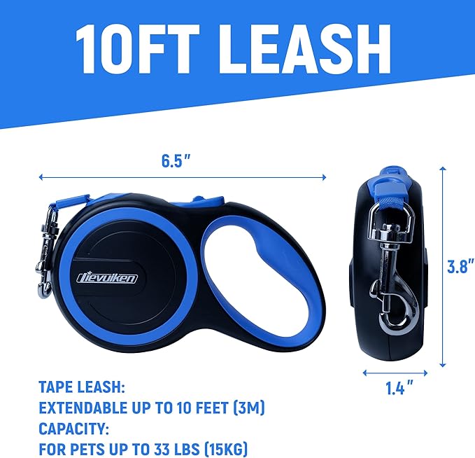 10 FT Retractable Dog Leash with No Tangle for Dog up to 33lbs, One-Handed Brake, with Non-Slip Handle, Strong Nylon Tape for Small and Medium Dogs - PAWPICO