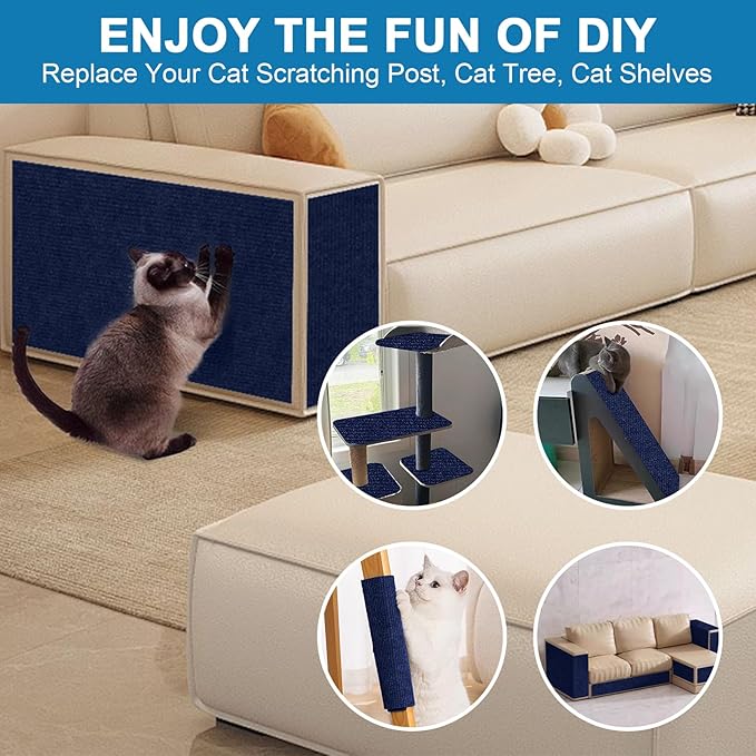 Cat Scratch Furniture Protector Pads with Self-Adhesive Backing, 98.5"X15.8" Navy Blue Randomly Cutting Trimmable Cat Scratch Carpet Mat Post Tree Shelves Cover Replacement for Sofa,Couch,Door,Corner - PAWPICO