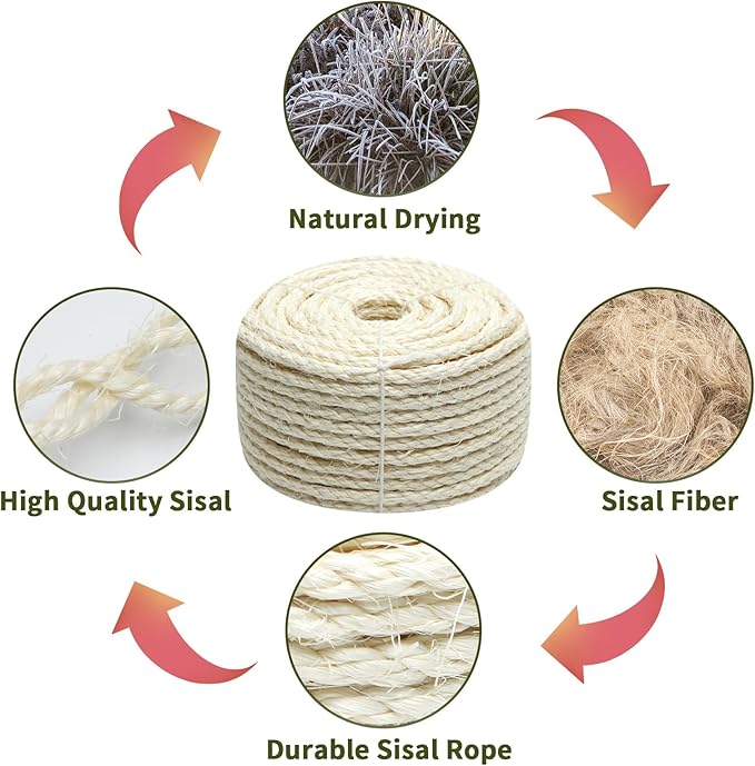 Natural Sisal Rope 1/4 Inch 32-Feet for Cat Tree Tower Repair and Replace Scratching Post, DIY Hemp Twine Rope for Cat Scratching Furniture Window Perch and Crafts Gardening Home Decorating - PAWPICO