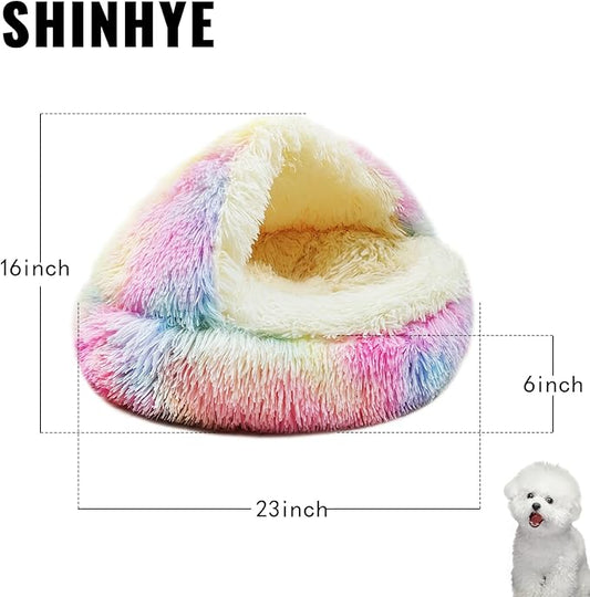 ShinHye Cat Bed Round Plush Fluffy Hooded Cat Bed Cave, Cozy for Indoor Cats or Small Dog beds, Soothing Pet Beds Doughnut Calm Anti-nxiety Dog Bed - Waterproof Bottom Washable (23×23inch, Multicolor) - PAWPICO