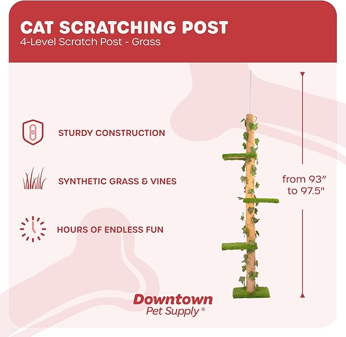 Downtown Pet Supply 4-Level Tall Cat Tower for Indoor Cats, Synthetic Grass - Tightly Woven Sisal Rope Cat Scratching Post with Stable Wooden Base - Extends from 93-97.5" - PAWPICO