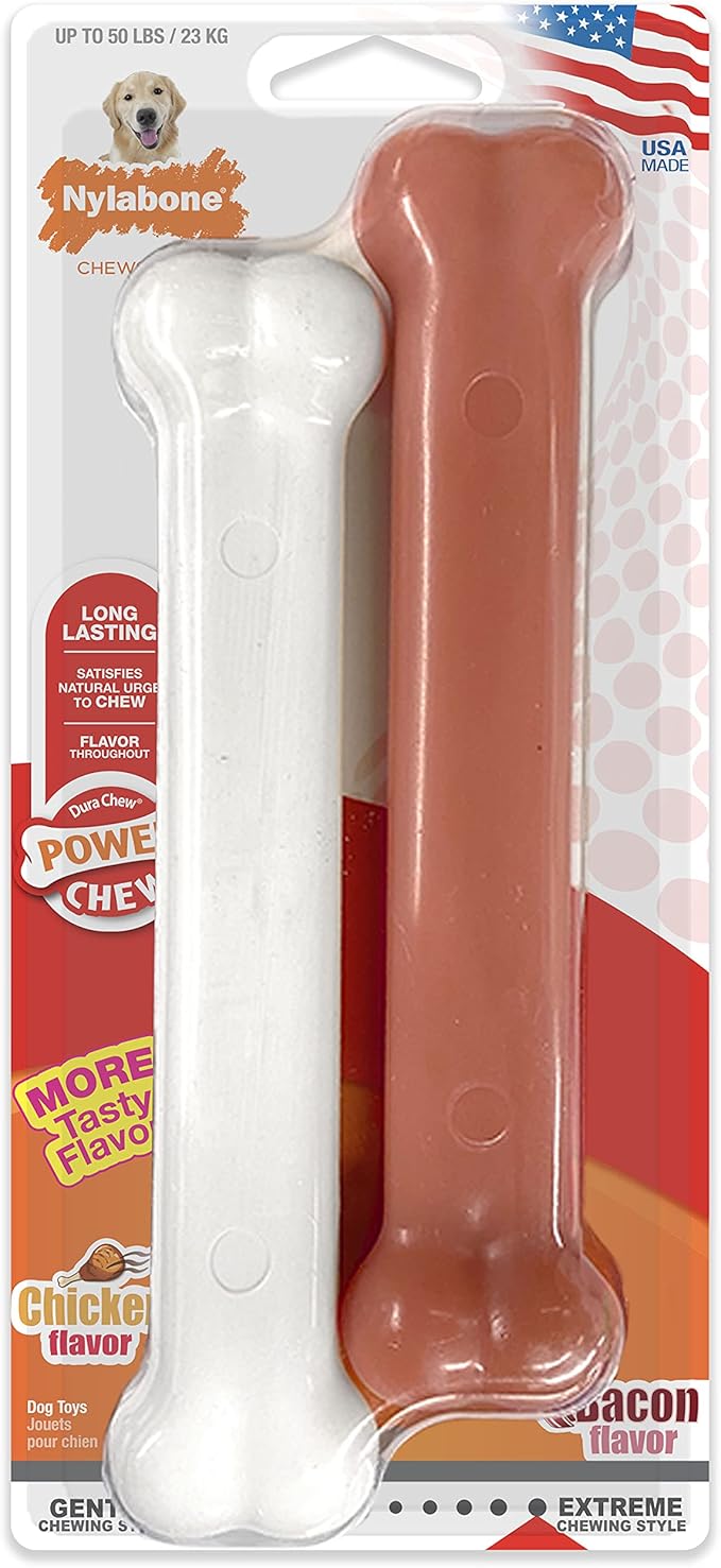 Nylabone Power Chew Classic Bone Chew Toy for Dogs, Durable Dog Toys for Aggressive Chewers, Chicken Flavor, Large/Giant - Up to 50 lbs. (2 Count) - PAWPICO