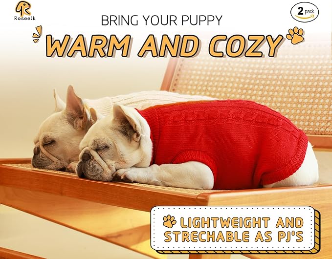 2 Pack Dog Sweaters for Small Dogs - Puppy Medium/Large Warm Clothes in Winter, Turtleneck Pullover Design for Boy Girl Pet, Doggie, Cat, Kitten Chihuahua Bulldog Pug Beagles (L, Red, Beige) - PAWPICO