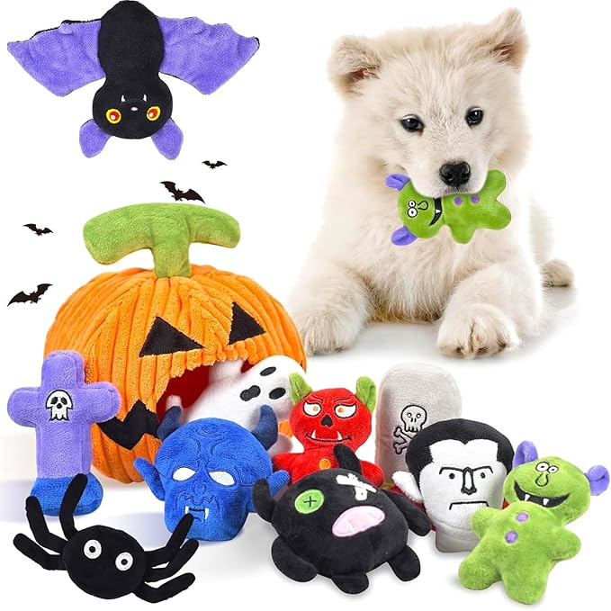 Halloween Dog Toys Set, 11 Pack Squeaky Dog Toys for Aggressive Chewers, Pumpkin Dog Toy Bundle, Assorted Dog Toys to Keep Them Busy, Dog Toys Gift for Large Medium Small Dogs - PAWPICO