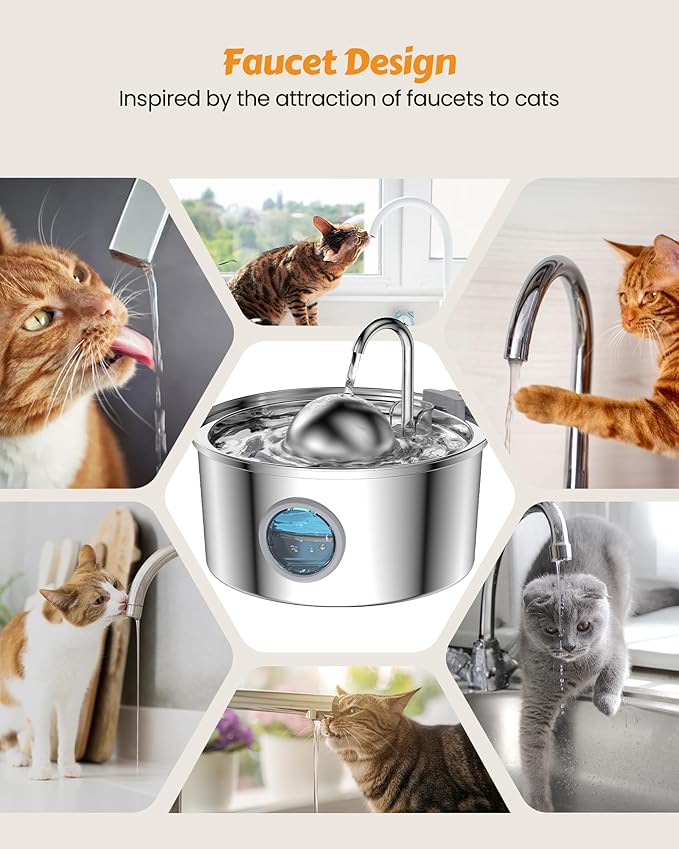 Stainless Steel Cat Water Fountain - Dogs&Cats&Pets&Small Animals Automatic Bowl Dispenser - Pet Drinking Waterer Bowls Indoor - Auto Kitty Watering Dish Supplies - 108oz/3.2L Easy Cleaning Machine - PAWPICO