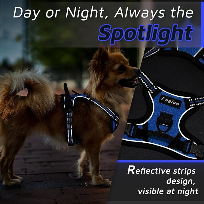 Eagloo Small Dog Harness No Pull, Service Vest with Reflective Strips and Control Handle, Adjustable and Comfortable for Easy Walking, No Choke Pet Harness with 2 Metal Rings, Blue, XS GoExplorewithEagloo