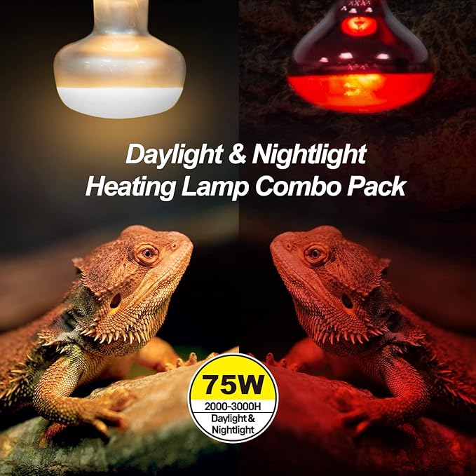 WACOOL 2Pack 75W Reptile Heat Lamp Day & Night Kit, Nature Simulated Basking Daylight & Nightlight Heat Lamp Bulbs for Reptiles & Amphibians, UVA Heat Lamp for Bearded Dragon Gecko Turtle Lizard WACOOLTERRA