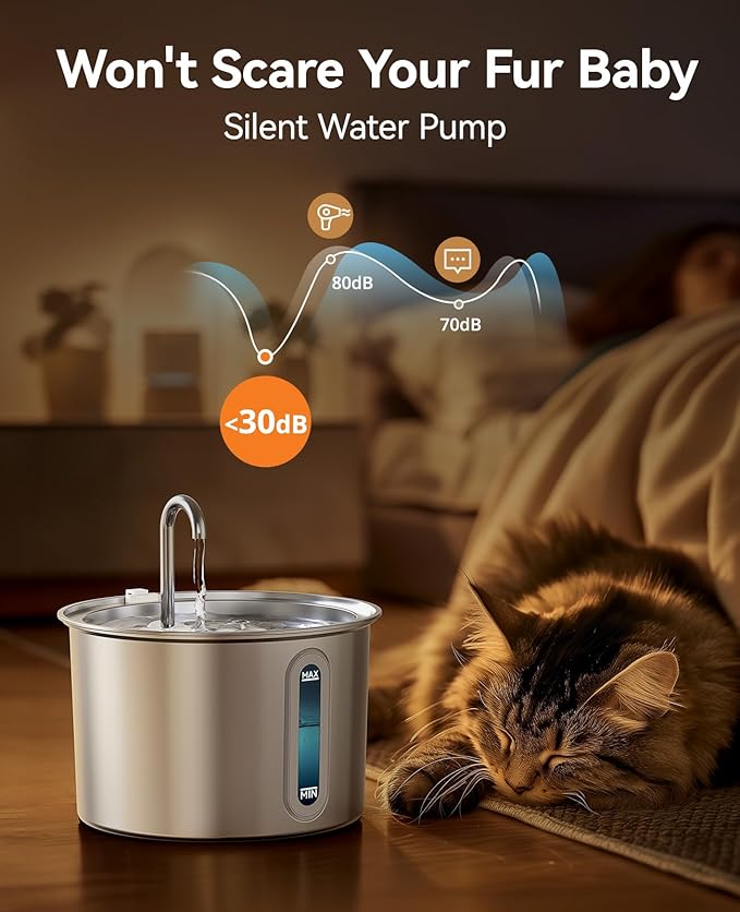oneisall Stainless Steel Cat Water Fountain, 2L Water Fountains for Cats Indoor Dishwasher Safe with Quiet Pump and 3 Replacement Filters, Automatic Pet Water Fountain Faucet Spout Design - PAWPICO