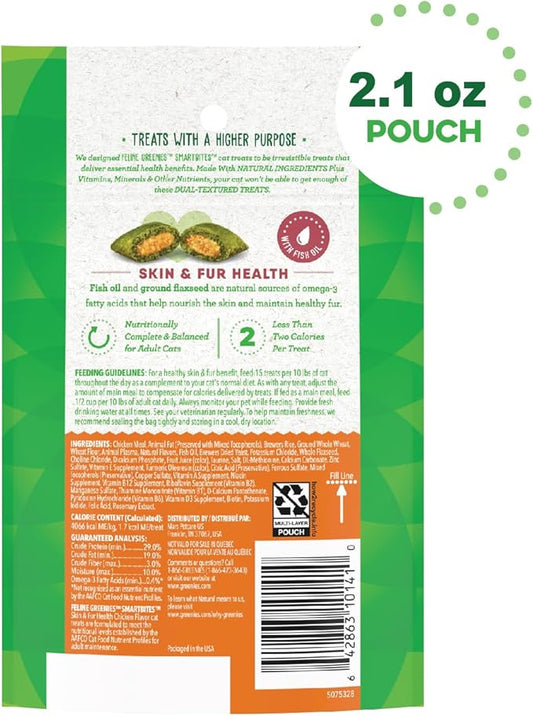 FELINE GREENIES SMARTBITES Skin & Fur Crunchy and Soft Natural Cat Treats, Chicken Flavor, 2.1 oz. Pack GREENIES