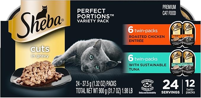 SHEBA PERFECT PORTIONS Cuts in Gravy Wet Cat Food Trays (12 Count, 24 Servings), Signature Tuna and Roasted Chicken Entrée, Easy Peel Twin-Pack Trays - PAWPICO