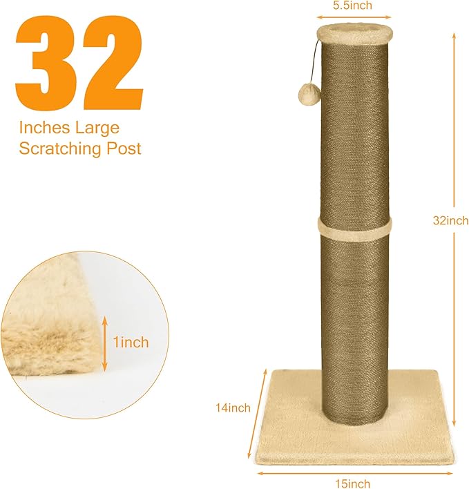 PAWSCRAT Cat Scratching Post 32 Inch High, 5.5 Inch Large Diameter Natural Sisal Cat Scratch Post, Scratch-Resistant and Durable Tall Cat Scratcher for Indoor Cats, Protect Your Furniture, Yellow - PAWPICO