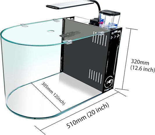 12 Gallon Saltwater Aquarium U-Shaped Low Iron Ultra Clear Glass Aquarium Saltwater Fish Tank Reef Tank with Lid and Pad, Protein Skimmer, LED Light and Pump (Black, Premium All-in-One Kits) GankPike