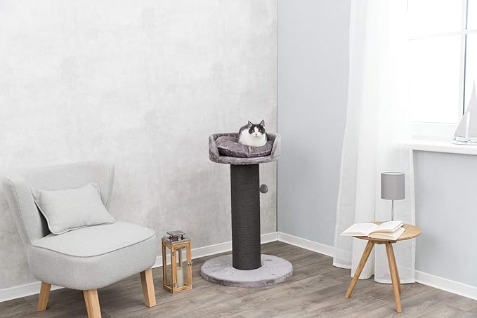 TRIXIE Pepino Cat Scratching Post 35 Inch - Cat Scratcher with Soft Fabric Covering Base and Durable Sisal Rope - with Platform Bed & Dangling Cat Toy - in Gray - PAWPICO