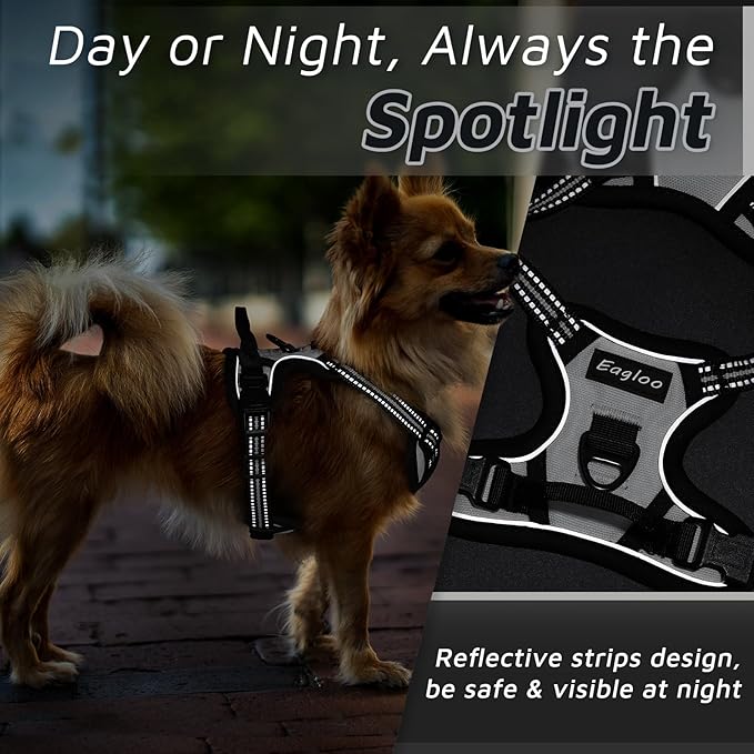 Eagloo Small Dog Harness No Pull, Service Vest with Reflective Strips and Control Handle, Adjustable and Comfortable for Easy Walking, No Choke Pet Harness with 2 Metal Rings, Grey, XS GoExplorewithEagloo