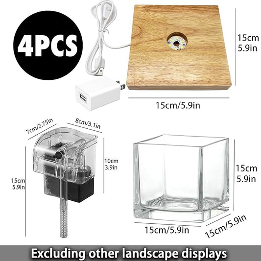 SARUFO 0.81Gallon Fish Tank Kit Desk Aquarium Set Small Glass for Kids Beginner Square Betta Fish Bowl with Wooden Base LED Light Water Pump Accessories Self-Cleaning Filter Copyright Patent SARUFO