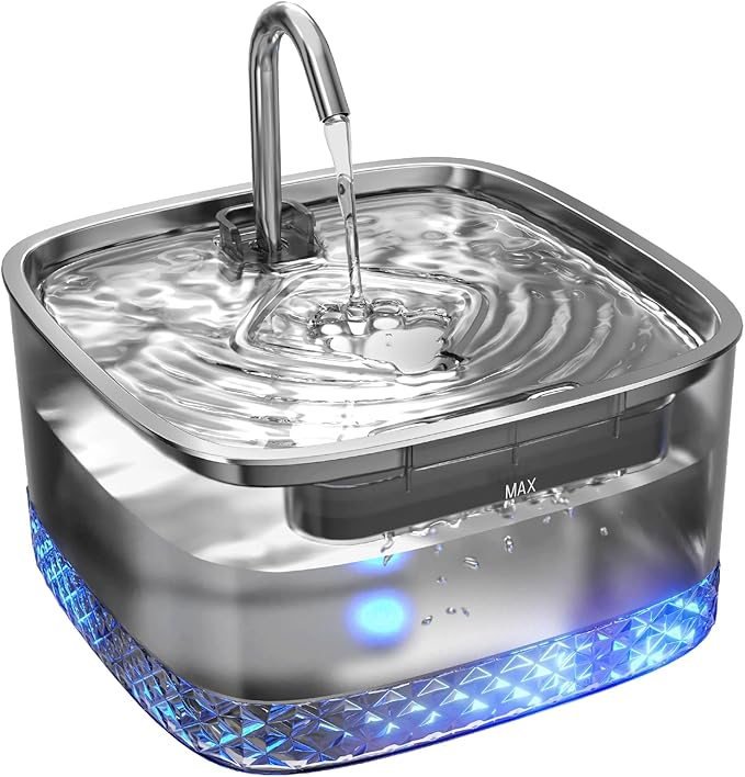 Cat Water Fountain: 75oz/2.2L Automatic Pet Water Dispenser for Cats, 304 Stainless Steel Faucet & Lid Cat Water Bowl Dispenser, Super Silent Pet Water Fountain for Cats Inside, Pump with LED Light - PAWPICO