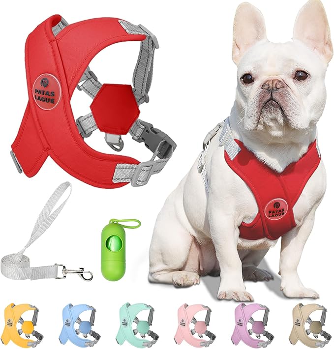 Patas Lague Dog Harness with Leash Set Adjustable Soft Padded Step-in Dog Vest No Choke No Pull Reflective for Small Medium Pets with Poop Bags and Dispenser, Solid and No-chew, Red S PatasLague
