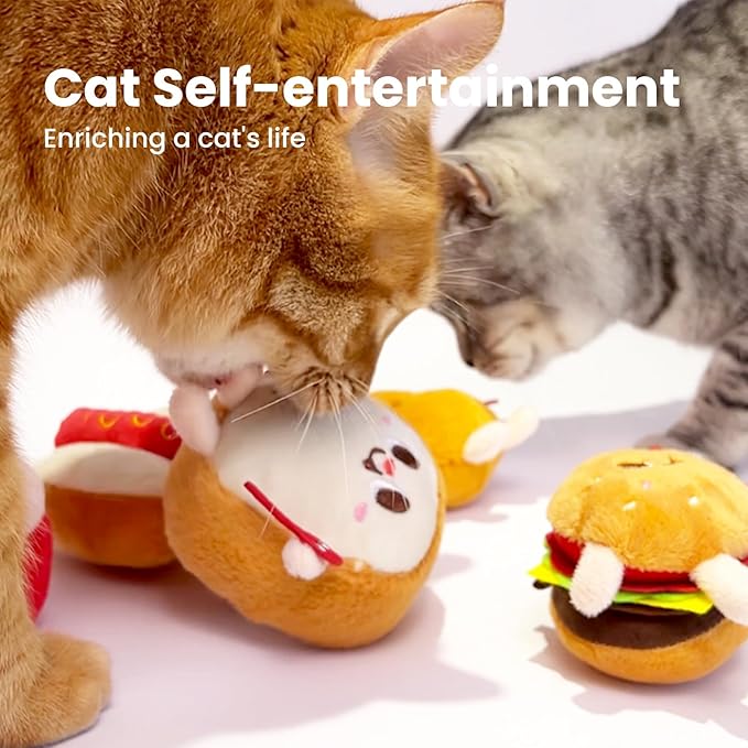Cat Toys Hamburger, 5 Pack Catnip Toys Bread for Indoor Cats, Cute Durable Kitten Chew Toys, Interactive Cat Kicker Toys for All Breeds, Catmint Kitten Teething Toys - PAWPICO