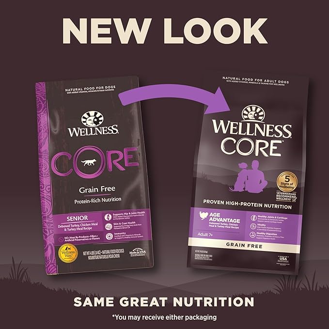 Wellness CORE Grain-Free Senior Dry Dog Food, Made in USA with Real Turkey and Natural Ingredients, With Nutrients for Immune, Joint, Skin & Coat Support, 24-Pound Bag - PAWPICO
