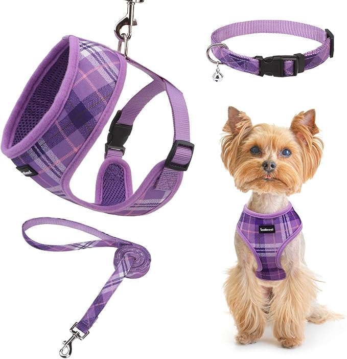SCENEREAL No Pull Dog Harness Collar and Leash Set Small Medium Sized Dog, Soft Mesh Step in Puppy Harnesses, No Chock Plaid Adjustible Pet Vest for Outdoor Walking Training and Running, Purple XS SCENEREAL