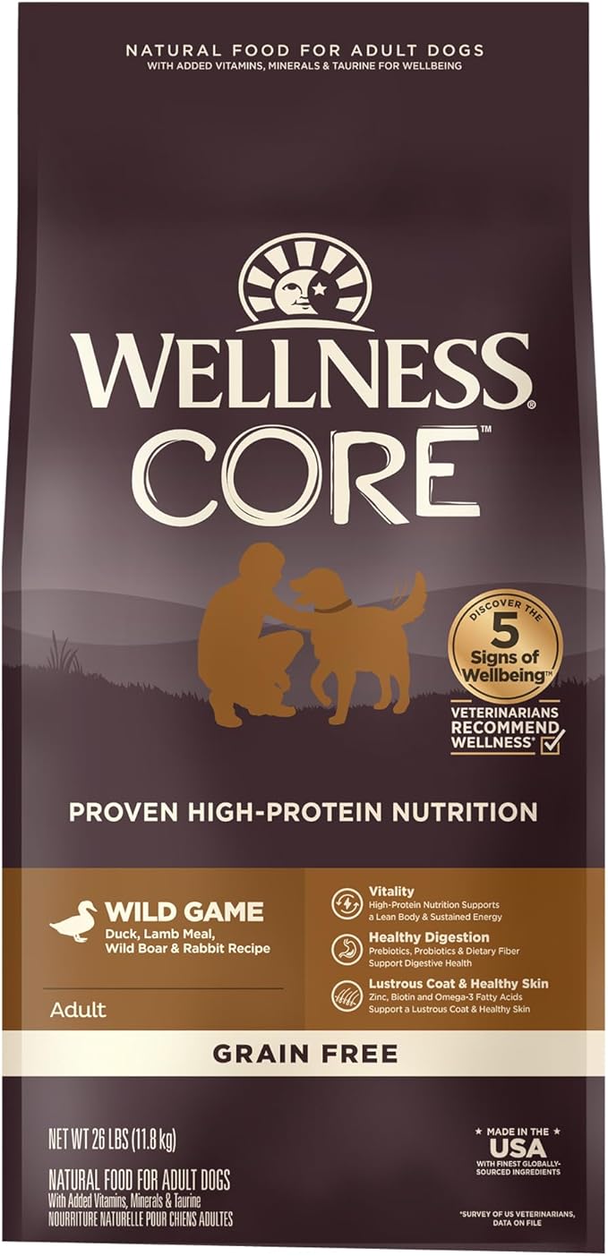 Wellness CORE Grain-Free High-Protein Dry Dog Food, Natural Ingredients, Made in USA with Real Meat, All Breeds, For Adult Dogs (Wild Game Duck, Lamb Meal, Boar & Rabbit, 26-Pound Bag) - PAWPICO